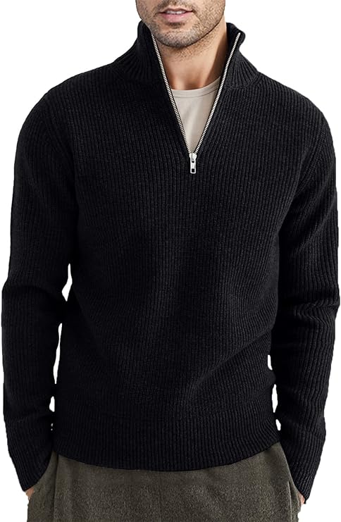 Pullover mit Viertelreißverschluss | Gestrickt | Rippstrick | Polopullover | Herrenpullover mit halbem Reißverschluss-Schwarz-XS-Chaps Herrenmode