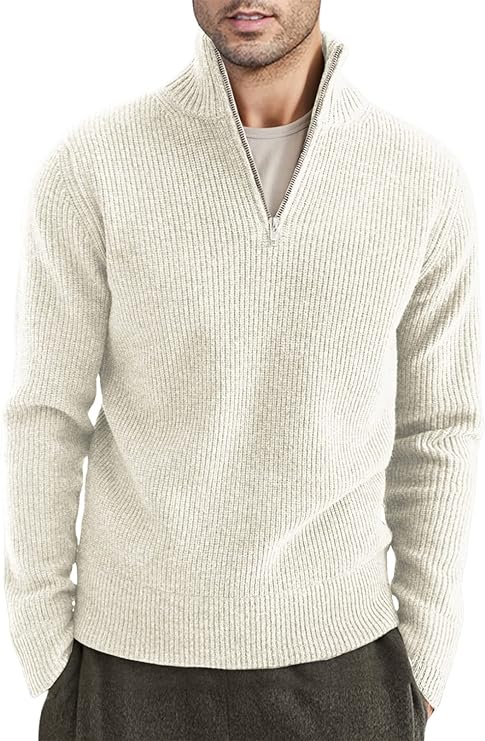 Pullover mit Viertelreißverschluss | Gestrickt | Rippstrick | Polopullover | Herrenpullover mit halbem Reißverschluss-Weiß-XS-Chaps Herrenmode