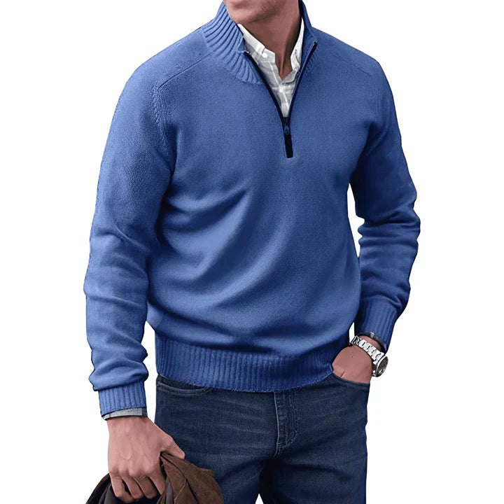 Pullover mit Viertelreißverschluss – Langarm – Gestrickt – Kaschmirpullover – Herrenpullover mit halbem Reißverschluss-Blau-S-Chaps Herrenmode