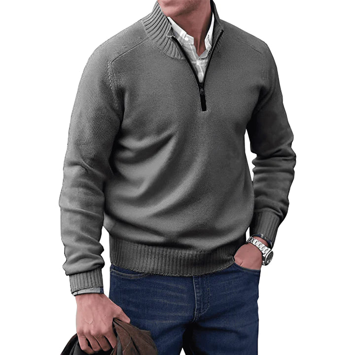 Pullover mit Viertelreißverschluss – Langarm – Gestrickt – Kaschmirpullover – Herrenpullover mit halbem Reißverschluss-Dunkelgrau-S-Chaps Herrenmode