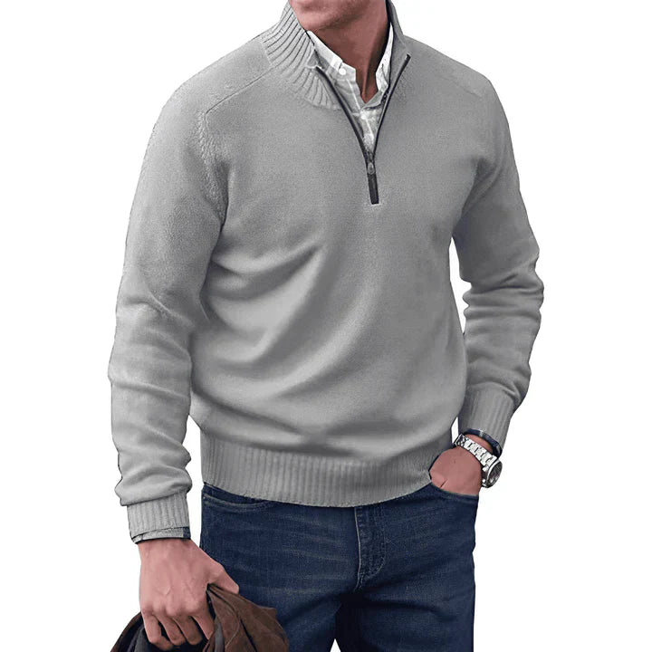Pullover mit Viertelreißverschluss – Langarm – Gestrickt – Kaschmirpullover – Herrenpullover mit halbem Reißverschluss-Hellgrau-S-Chaps Herrenmode