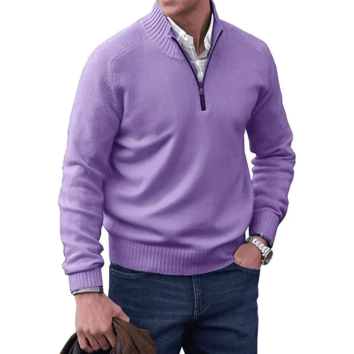 Pullover mit Viertelreißverschluss – Langarm – Gestrickt – Kaschmirpullover – Herrenpullover mit halbem Reißverschluss-Lila-S-Chaps Herrenmode