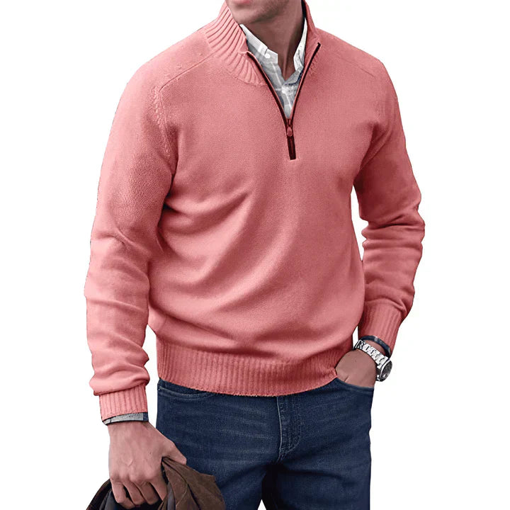 Pullover mit Viertelreißverschluss – Langarm – Gestrickt – Kaschmirpullover – Herrenpullover mit halbem Reißverschluss-Rosa-S-Chaps Herrenmode