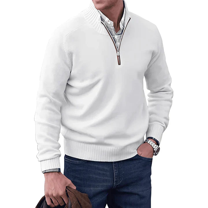 Pullover mit Viertelreißverschluss – Langarm – Gestrickt – Kaschmirpullover – Herrenpullover mit halbem Reißverschluss-Weiß-S-Chaps Herrenmode