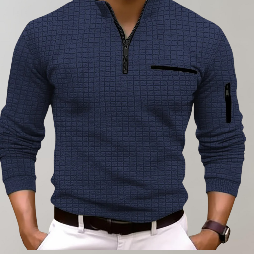 Pullover mit halbem Reißverschluss - Langarm - Pullover - Polohemd - Herrenbekleidung-Blau-S-Chaps Herrenmode