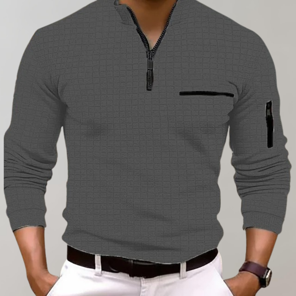 Pullover mit halbem Reißverschluss - Langarm - Pullover - Polohemd - Herrenbekleidung-Grau-S-Chaps Herrenmode