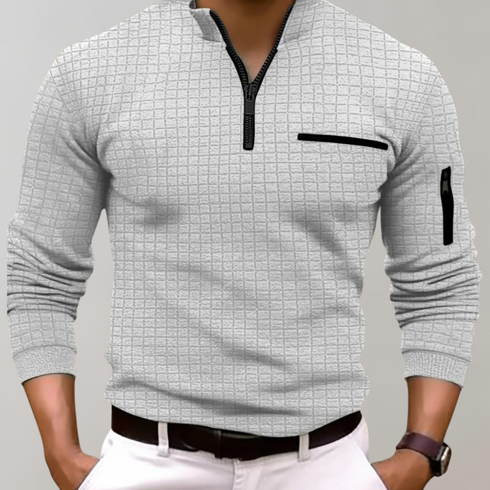 Pullover mit halbem Reißverschluss - Langarm - Pullover - Polohemd - Herrenbekleidung-Hellgrau-S-Chaps Herrenmode