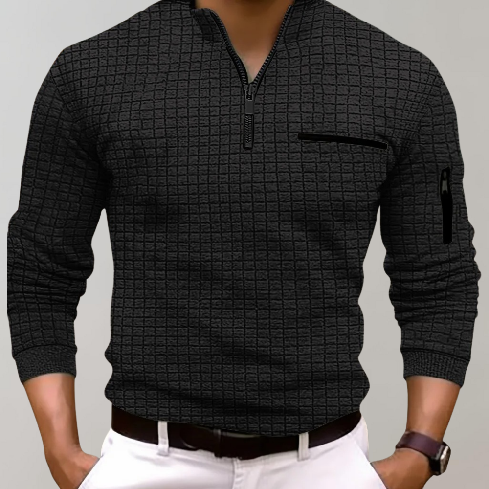 Pullover mit halbem Reißverschluss - Langarm - Pullover - Polohemd - Herrenbekleidung-Schwarz-S-Chaps Herrenmode