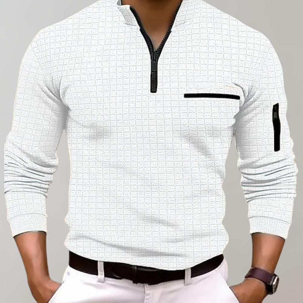 Pullover mit halbem Reißverschluss - Langarm - Pullover - Polohemd - Herrenbekleidung-Weiß-S-Chaps Herrenmode