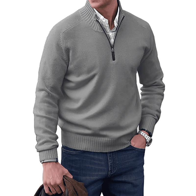 Pullover mit halbem Reißverschluss | Lässig | Normale Passform | Strickpullover | Herren-Pullover mit viertelem Reißverschluss-Hellgrau-M-Chaps Herrenmode