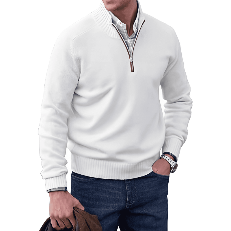 Pullover mit halbem Reißverschluss | Lässig | Normale Passform | Strickpullover | Herren-Pullover mit viertelem Reißverschluss-Weiß-M-Chaps Herrenmode