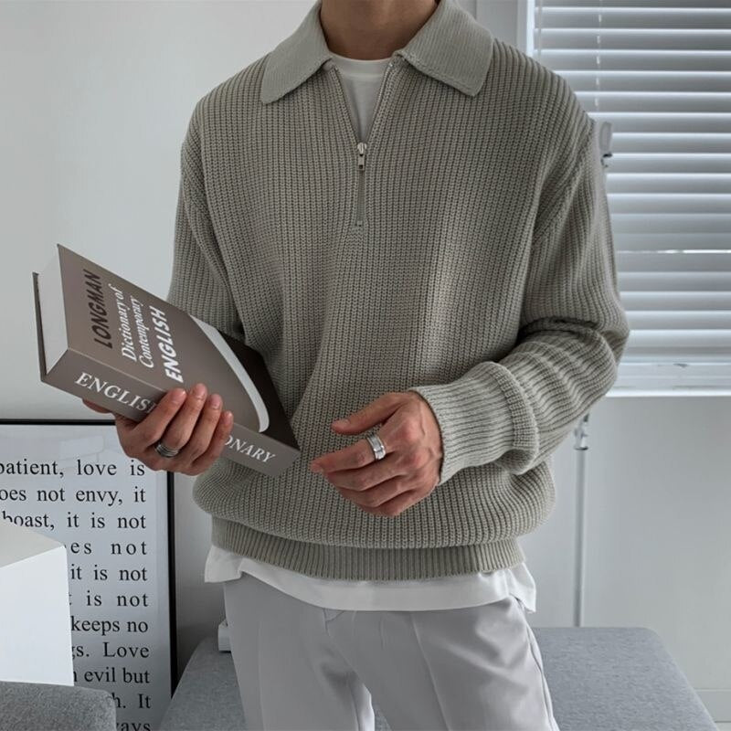 Pullover mit halbem Reißverschluss | Rippenstrick | Halsband | Strickpullover | Herrenpullover mit viertel Reißverschluss-Grau-M-Chaps Herrenmode