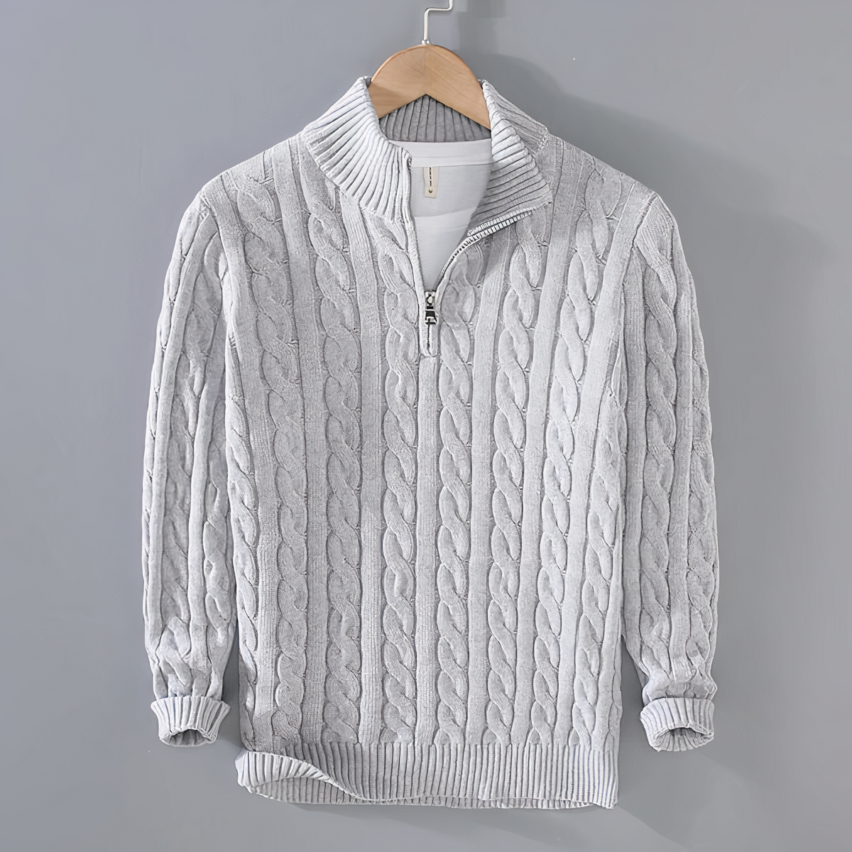 Pullover mit halbem Reißverschluss | Zopfstrick | Langarm | Strickpullover | Herrenpulli-Grau-XS-Chaps Herrenmode