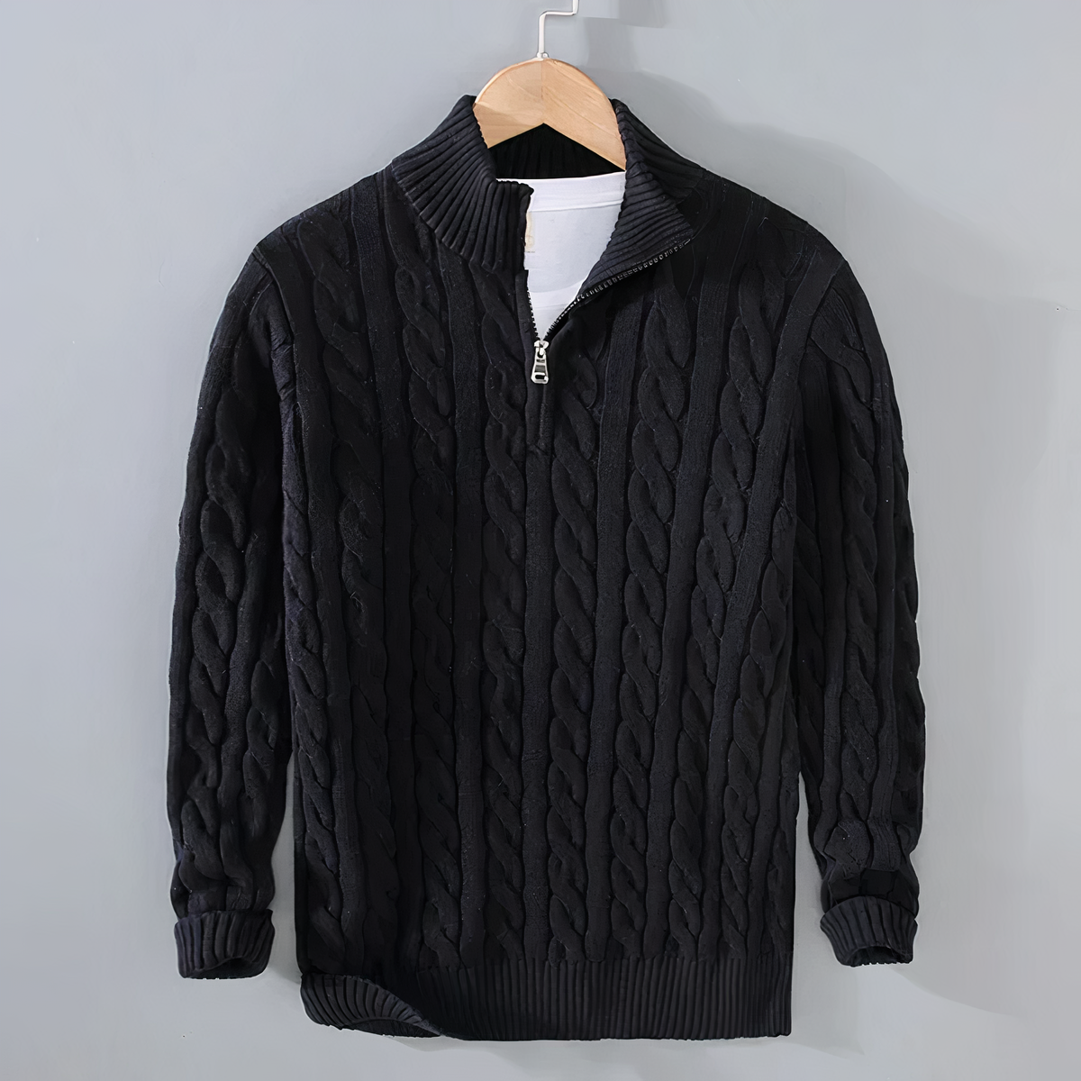 Pullover mit halbem Reißverschluss | Zopfstrick | Langarm | Strickpullover | Herrenpulli-Schwarz-XS-Chaps Herrenmode