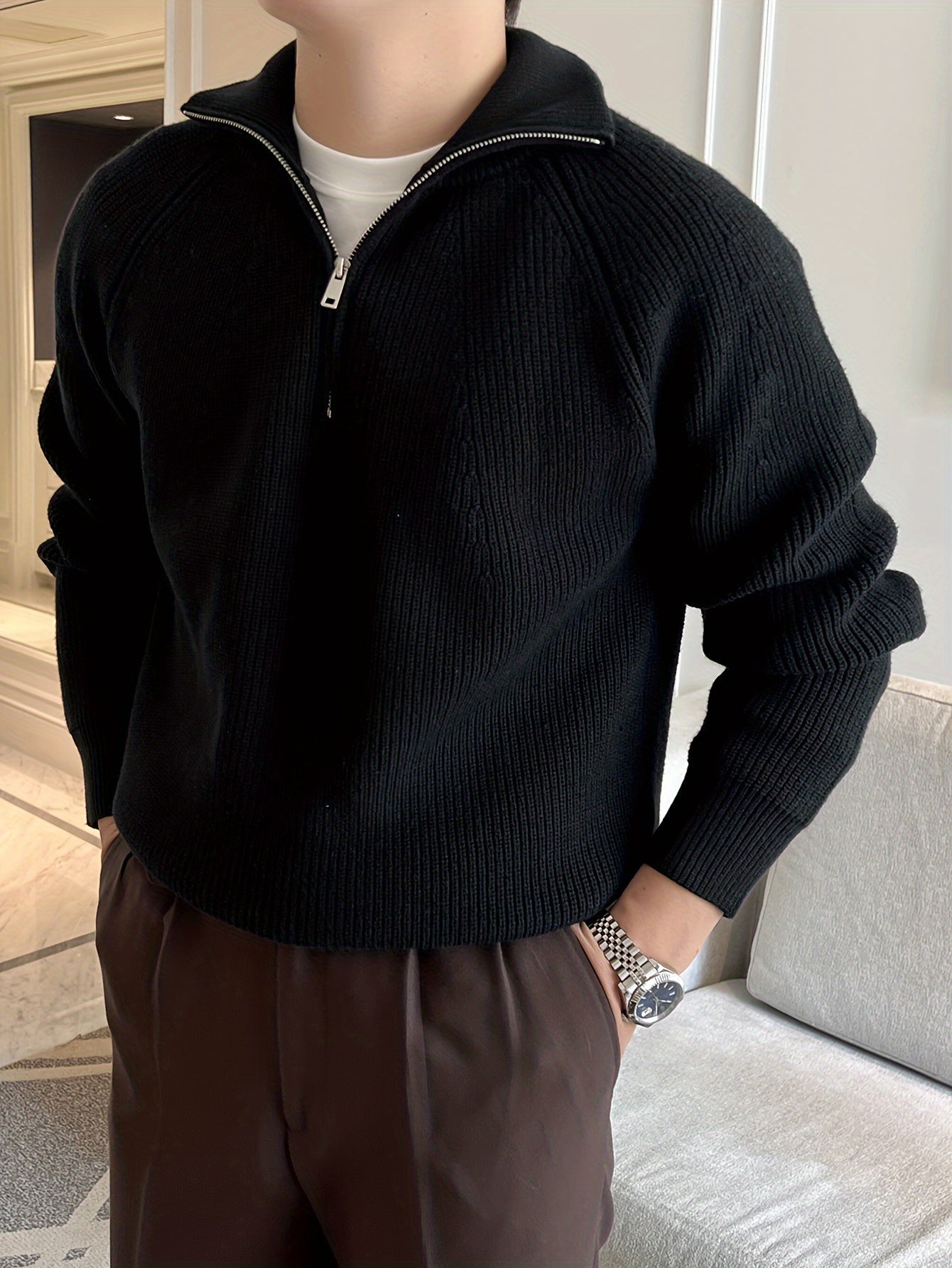 Pullover mit halbem Reißverschluss – warmer, langärmliger Strickpullover für Herren-Chaps Herrenmode