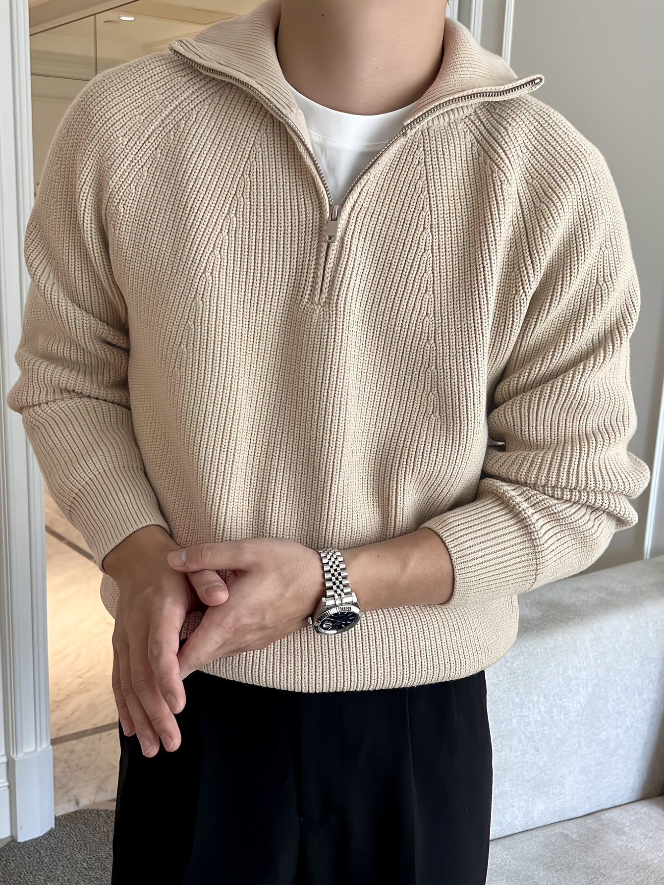 Pullover mit halbem Reißverschluss – warmer, langärmliger Strickpullover für Herren-Chaps Herrenmode