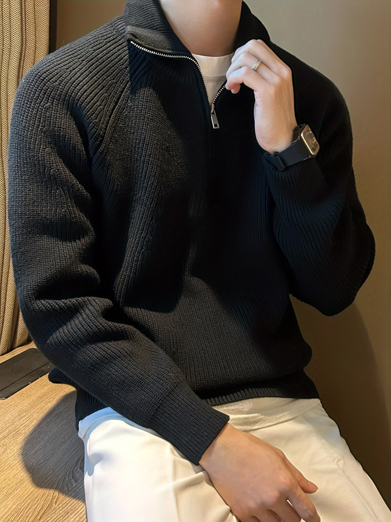 Pullover mit halbem Reißverschluss – warmer, langärmliger Strickpullover für Herren-Chaps Herrenmode