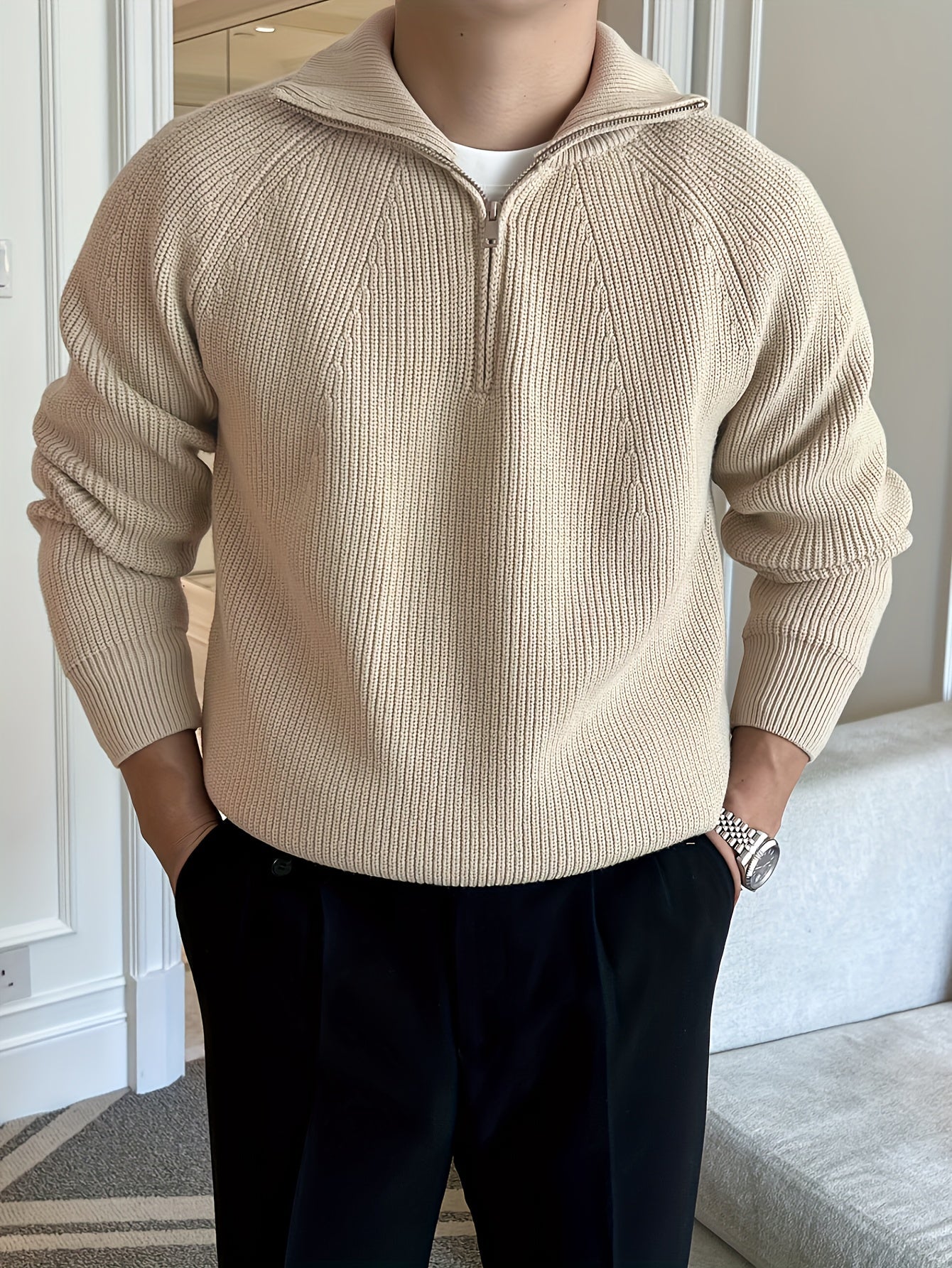 Pullover mit halbem Reißverschluss – warmer, langärmliger Strickpullover für Herren-Khaki-M-Chaps Herrenmode