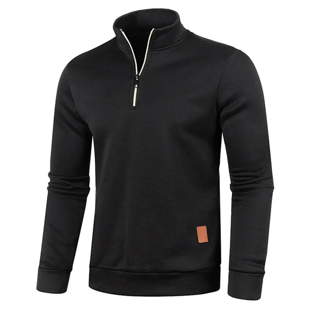 Pullover mit kurzem Reißverschluss | Langarmshirt | Elastisch | Sweatshirt mit halbem Reißverschluss | Herrenbekleidung-Schwarz-S-Chaps Herrenmode