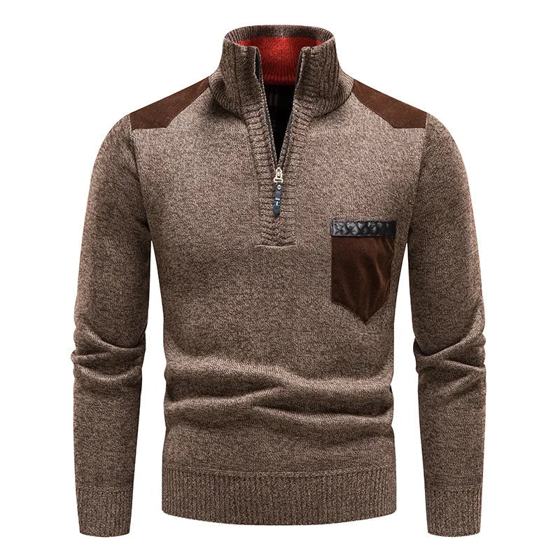 Quarter Zip Pullover - Warm - Langarm - Strickpullover - Herren Half Zip Pullover-Braun-S-Chaps Herrenmode