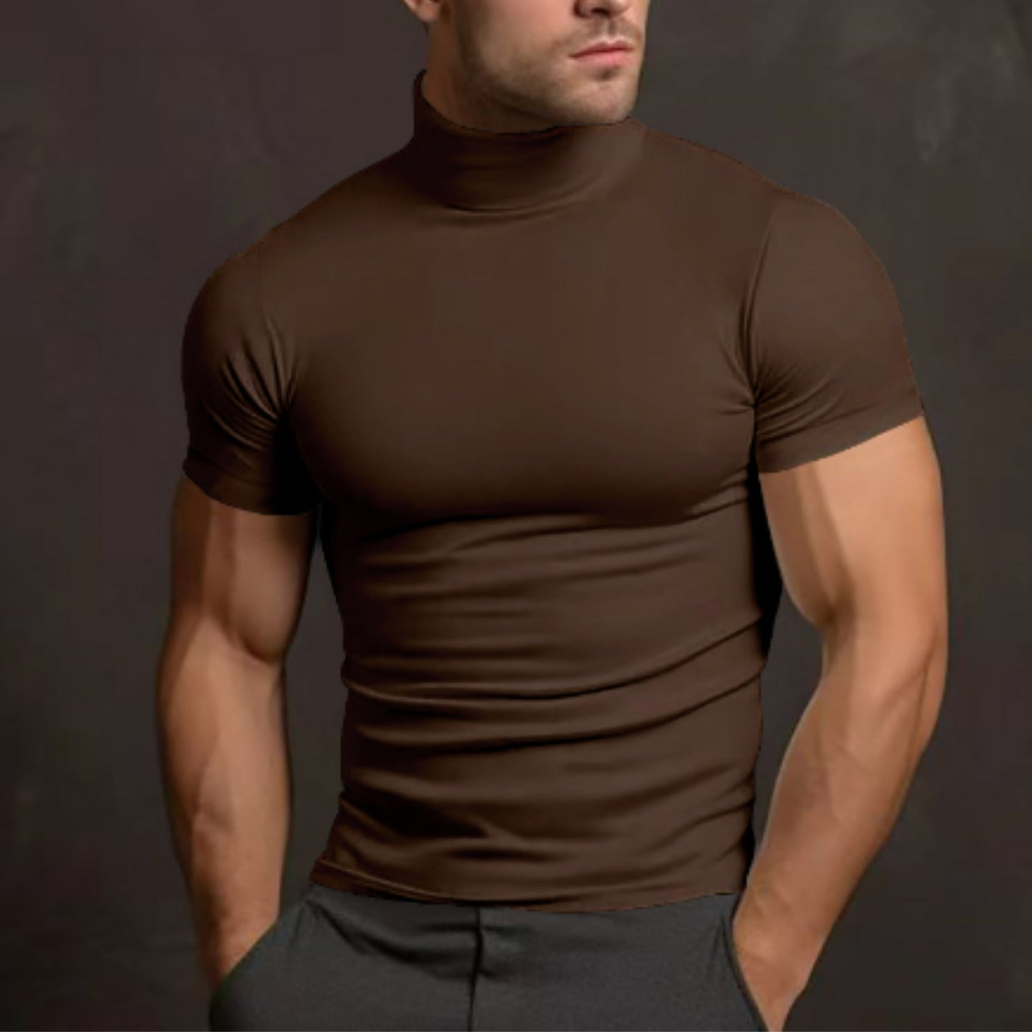 Rollkragen-T-Shirt – Herren-Pullover mit hohem Kragen, schmaler Passform und kurzen Ärmeln-Braun-S-Chaps Herrenmode