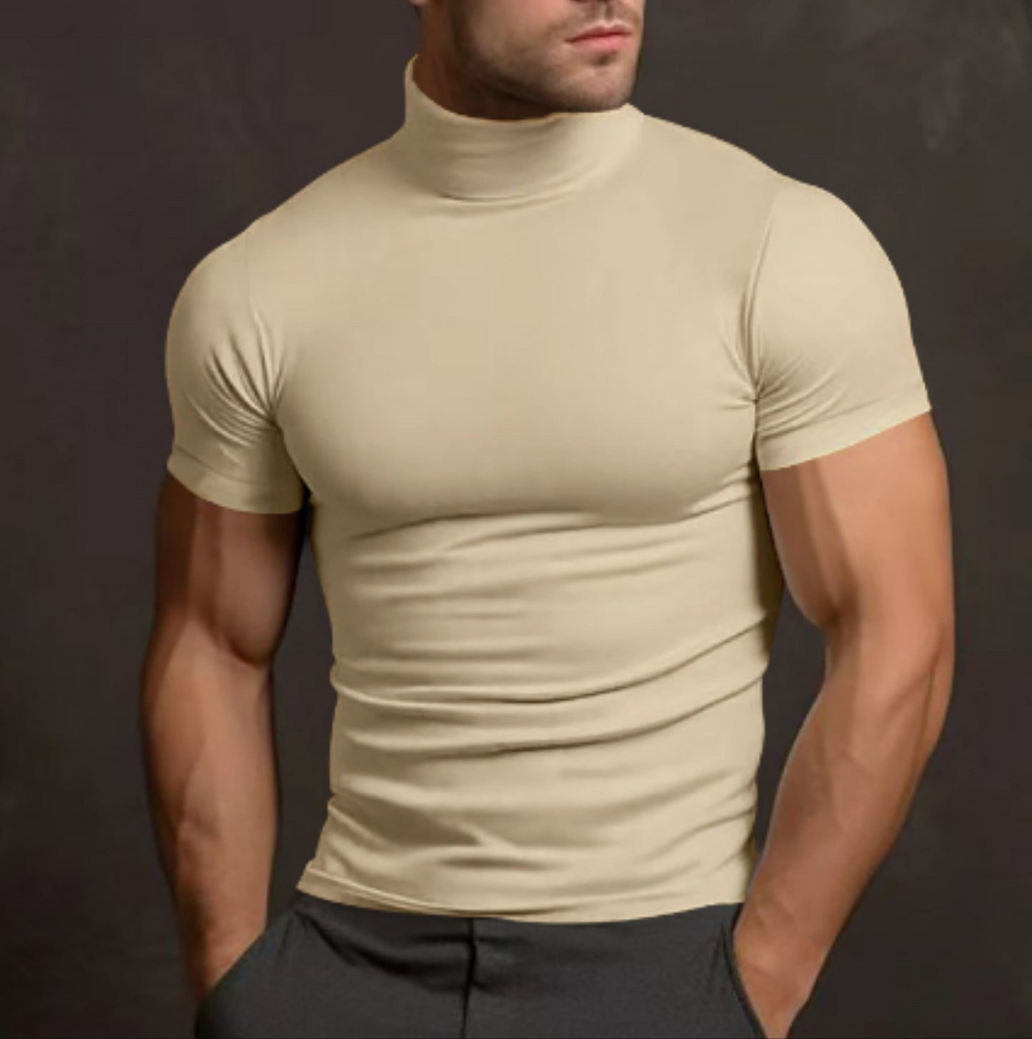 Rollkragen-T-Shirt – Herren-Pullover mit hohem Kragen, schmaler Passform und kurzen Ärmeln-Creme-S-Chaps Herrenmode
