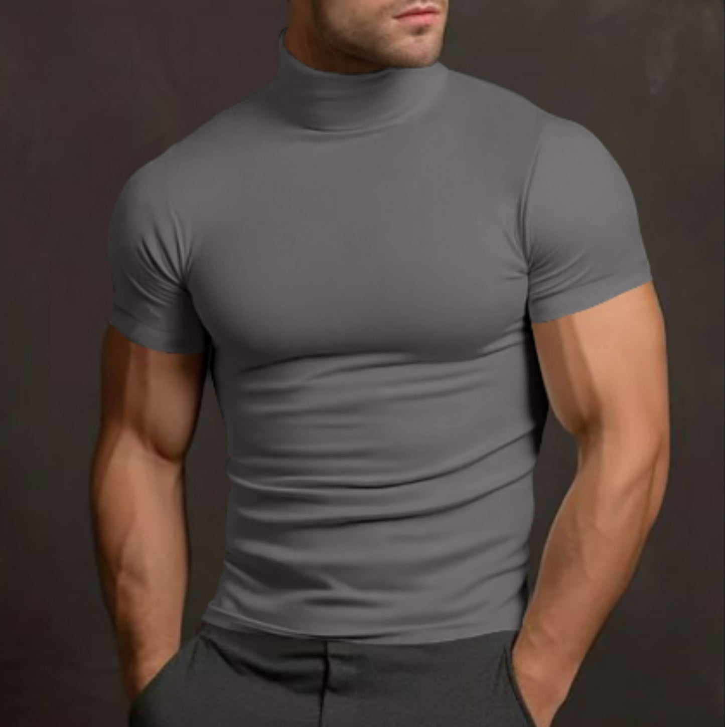 Rollkragen-T-Shirt – Herren-Pullover mit hohem Kragen, schmaler Passform und kurzen Ärmeln-Grau-S-Chaps Herrenmode