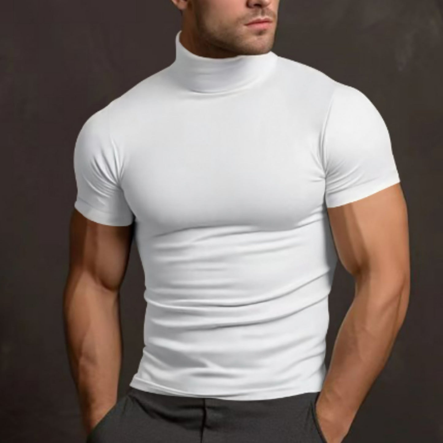 Rollkragen-T-Shirt – Herren-Pullover mit hohem Kragen, schmaler Passform und kurzen Ärmeln-Weiß-S-Chaps Herrenmode