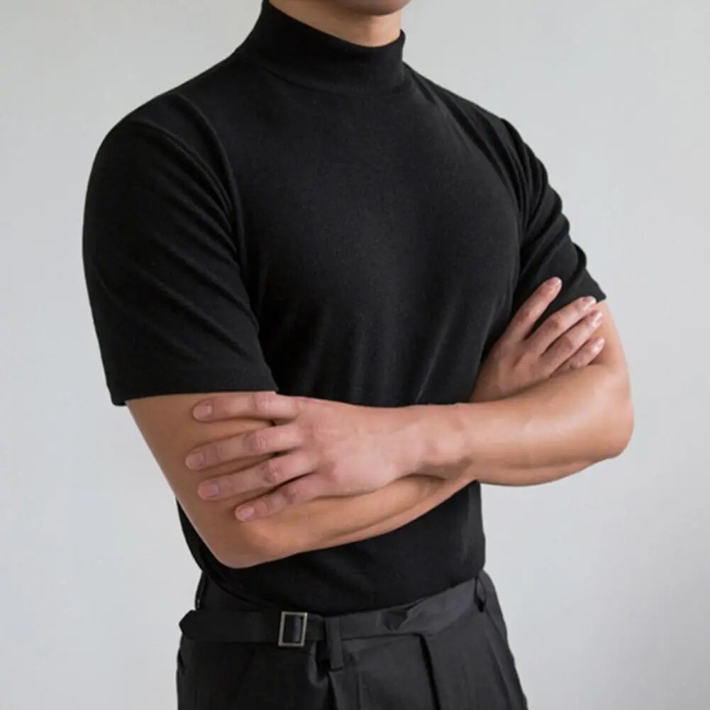 Rollkragen-T-Shirt - Hoher Ausschnitt - Einfarbig - Sweater T-Shirt - Herrenbekleidung-Schwarz-M-Chaps Herrenmode