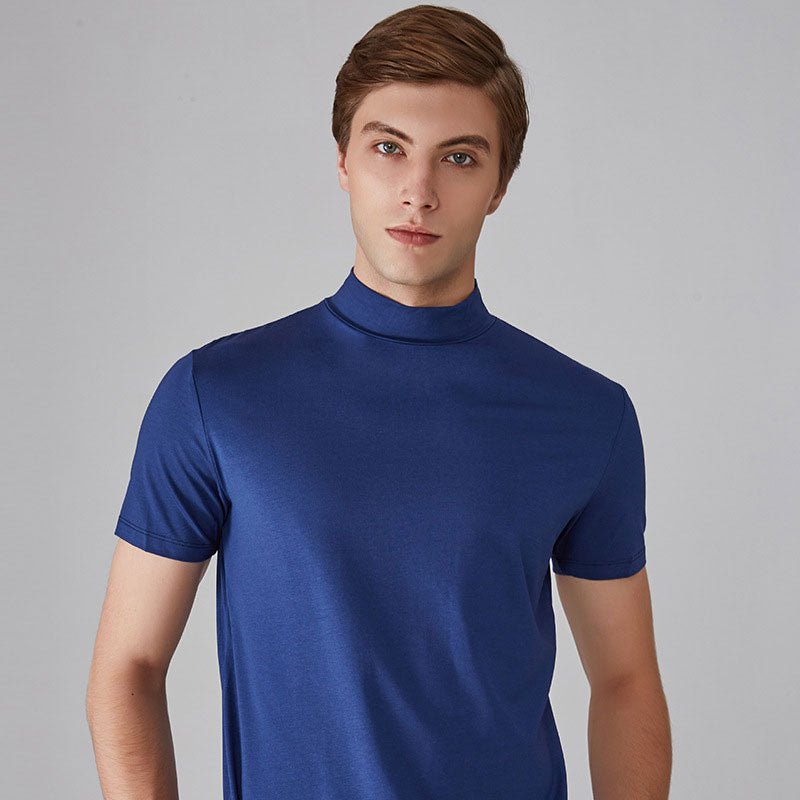 Rollkragen-T-Shirt – Kurzarm – Einfarbig – T-Shirts mit hohem Kragen – Herrenbekleidung-Blau-S-Chaps Herrenmode