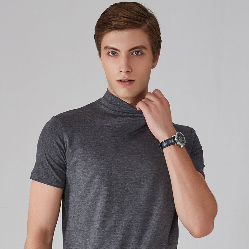Rollkragen-T-Shirt – Kurzarm – Einfarbig – T-Shirts mit hohem Kragen – Herrenbekleidung-Grau-S-Chaps Herrenmode