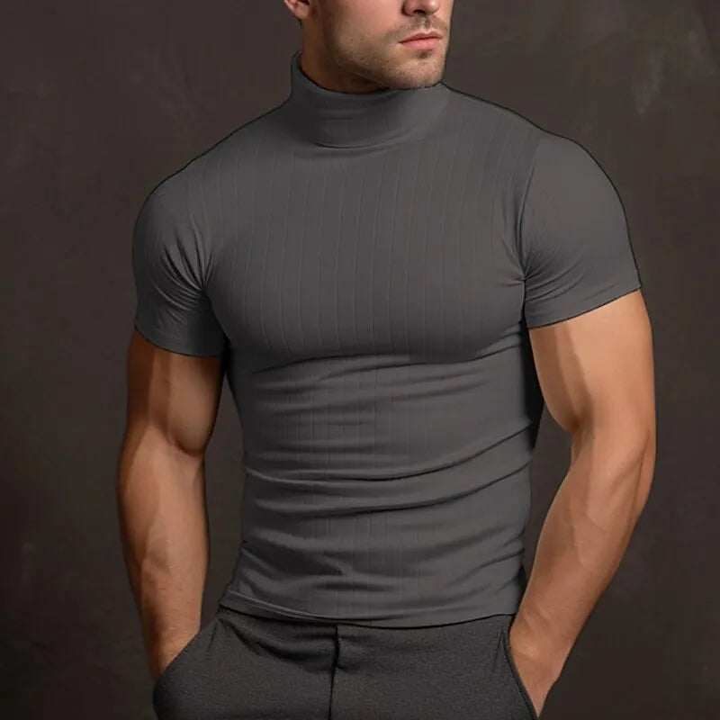 Rollkragen-T-Shirt – Slim-Fit-Kurzarm-Pullover mit hohem Kragen für Herren-Grau-S-Chaps Herrenmode