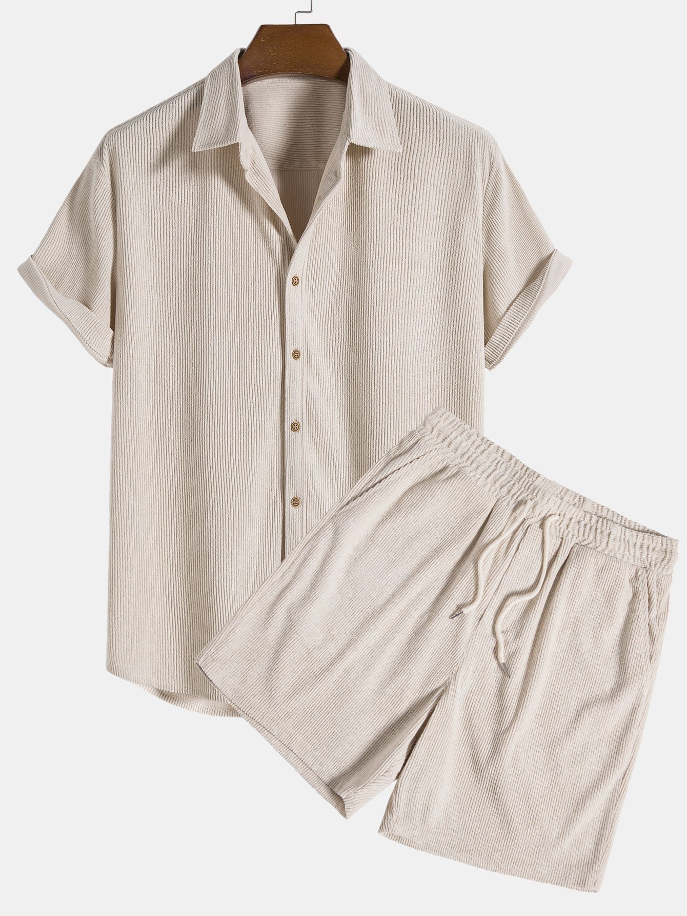 Set aus Hemd und Shorts – 2-teiliges Set für Herren mit kurzen Ärmeln und Knopfleiste-Beige-S-Chaps Herrenmode