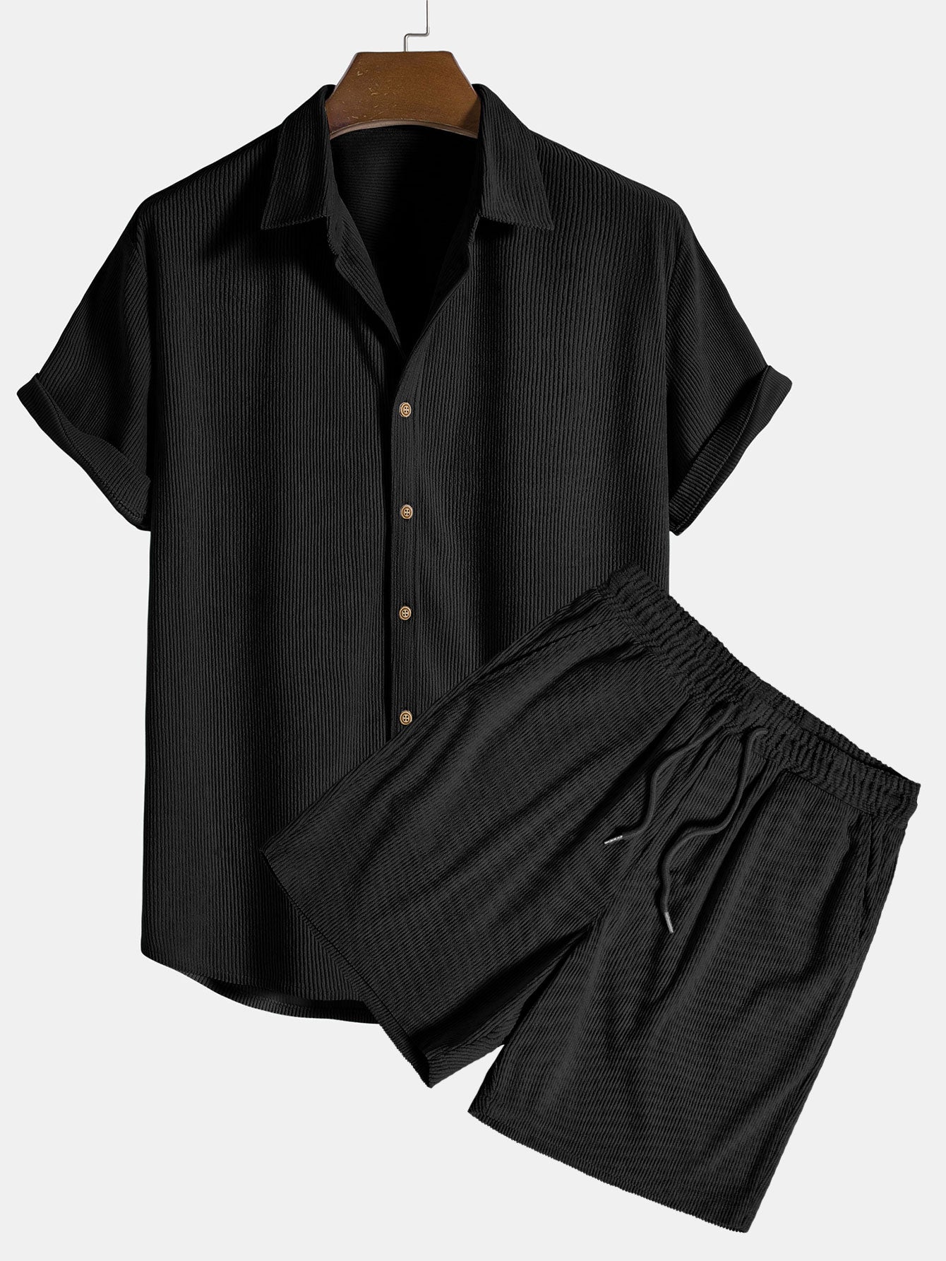 Set aus Hemd und Shorts – 2-teiliges Set für Herren mit kurzen Ärmeln und Knopfleiste-Schwarz-S-Chaps Herrenmode