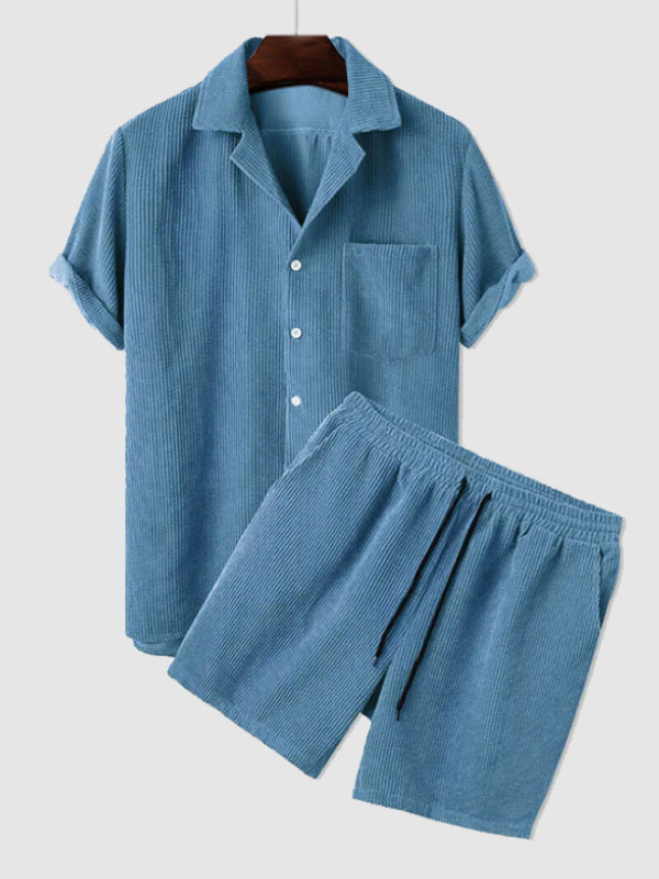 Set aus Hemd und Shorts | Cord | Kurzarm | Zweiteiler | Herren-Set aus Cord-Blau-S-Chaps Herrenmode
