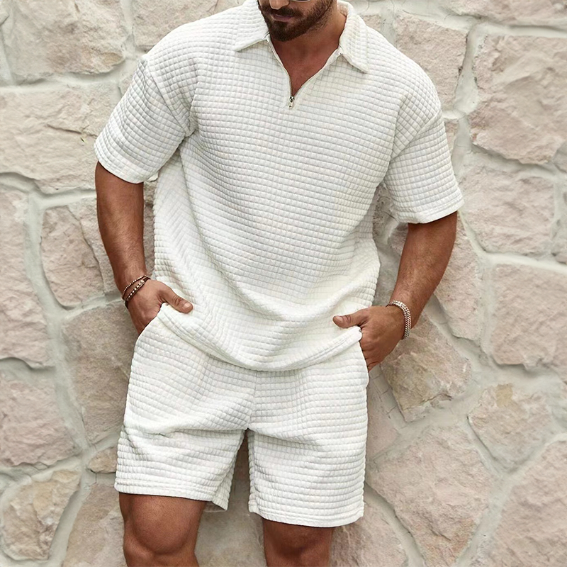Shorts-Set – Herren-Freizeit-Shorts mit lockerer Passform und kurzen Ärmeln, zweiteilig-Weiß-S-Chaps Herrenmode