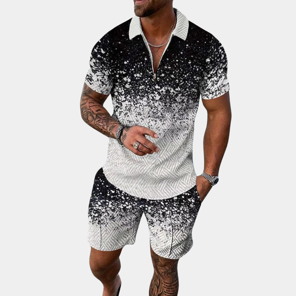 Shorts und Shirt Set – Zweiteiliges Set mit Polo-T-Shirt für Herren für den Sommer-Schwarz und Weiß-M-Chaps Herrenmode