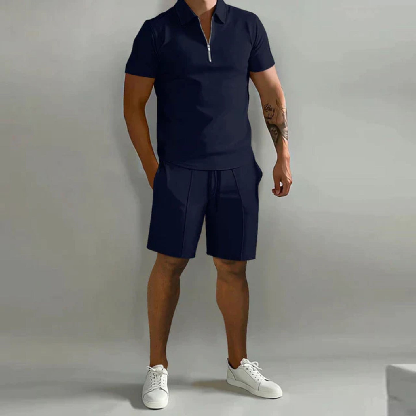 Shorts und T-Shirt Set | Quarter Zip | Polo Shirt | Zweiteiliges Set | Sommerkleidung für Männer-Dunkelblau-S-Chaps Herrenmode