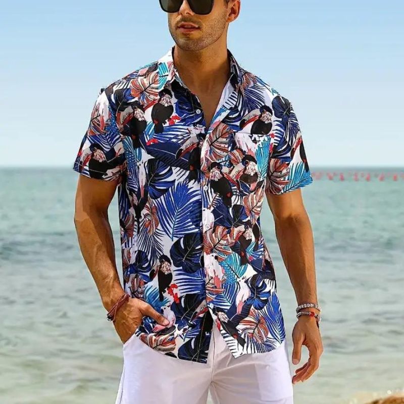Sommerhemd - Kurzarm - Button-Up - Hawaiihemd - Herrenhemden-Blau Schwarz-M-Chaps Herrenmode