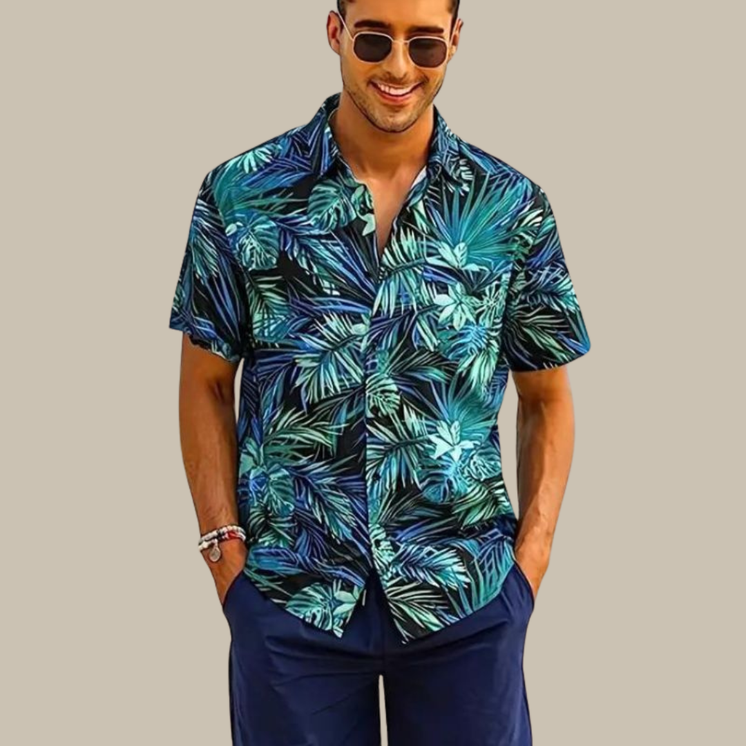 Sommerhemd - Kurzarm - Button-Up - Hawaiihemd - Herrenhemden-Blaugrün-M-Chaps Herrenmode