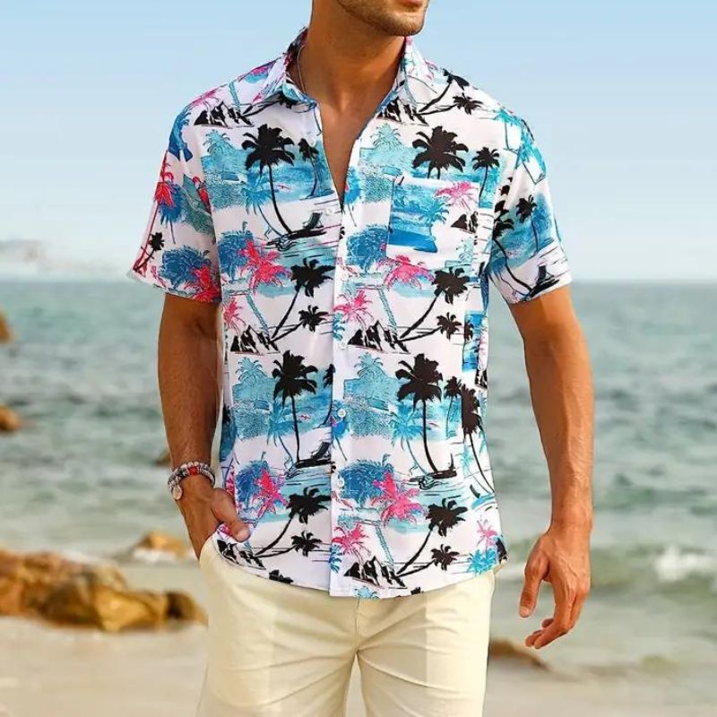 Sommerhemd - Kurzarm - Button-Up - Hawaiihemd - Herrenhemden-Himmelblau-M-Chaps Herrenmode