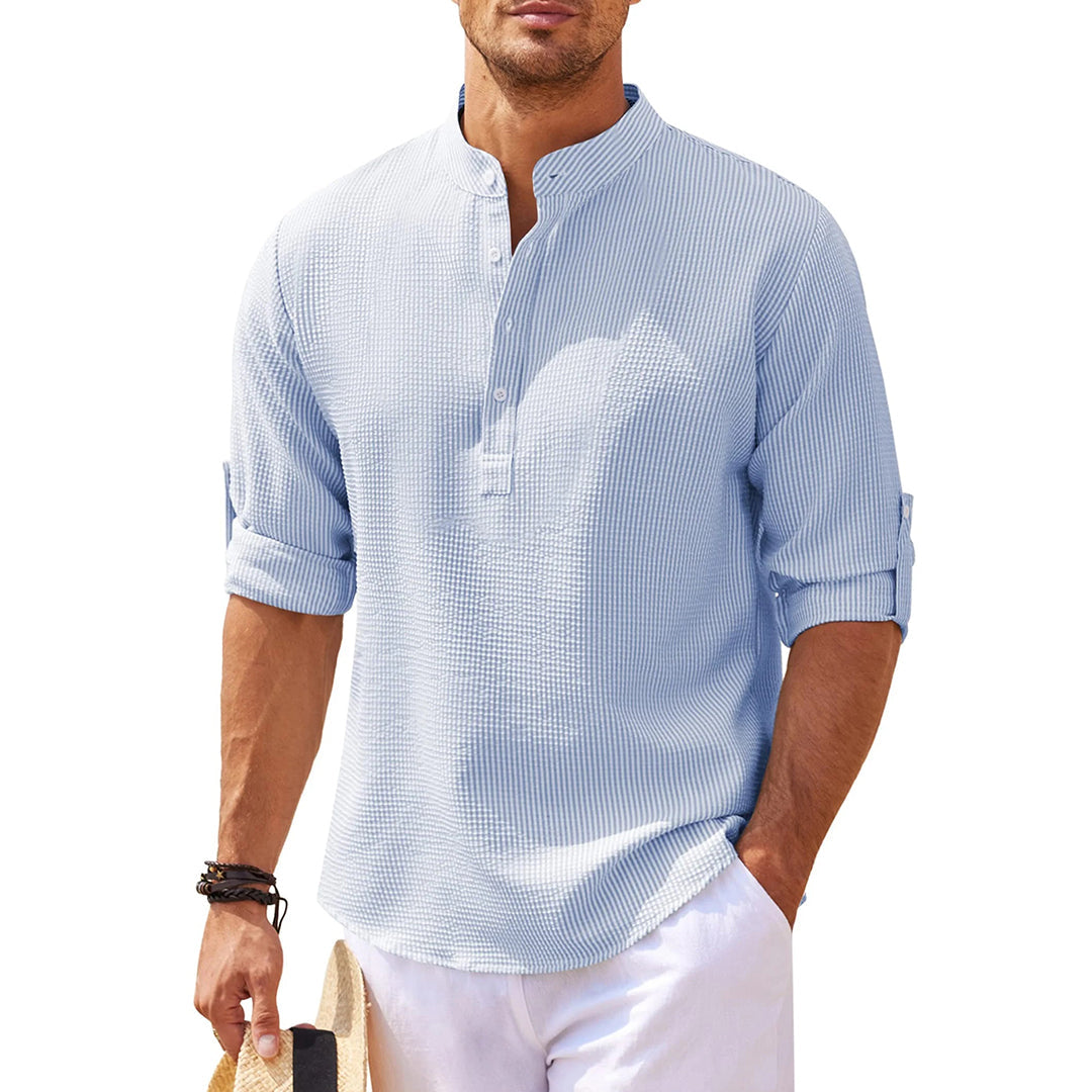 Sommerhemd - Leichtes Langarmhemd mit halber Knopfleiste für Männer-Blau-S-Chaps Herrenmode