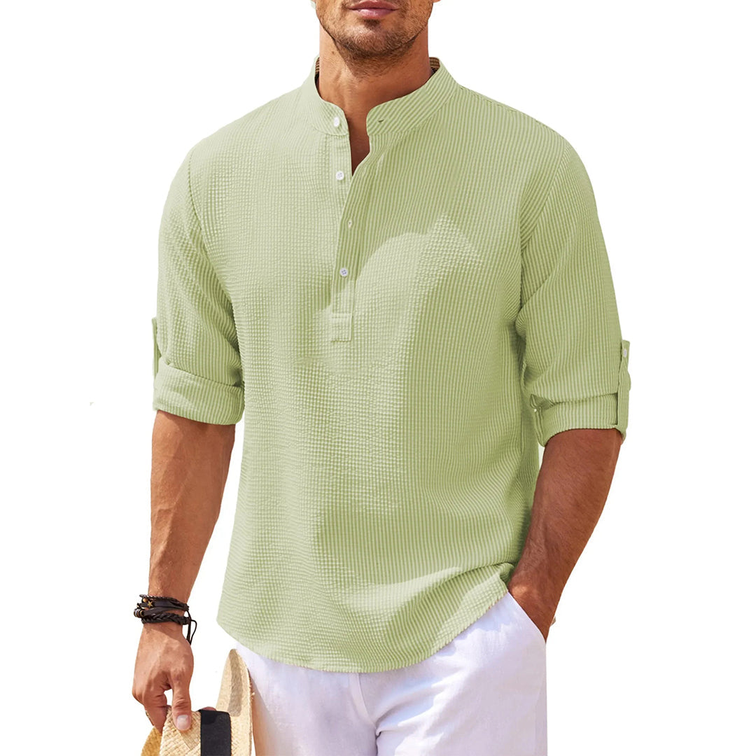Sommerhemd - Leichtes Langarmhemd mit halber Knopfleiste für Männer-Grün-S-Chaps Herrenmode