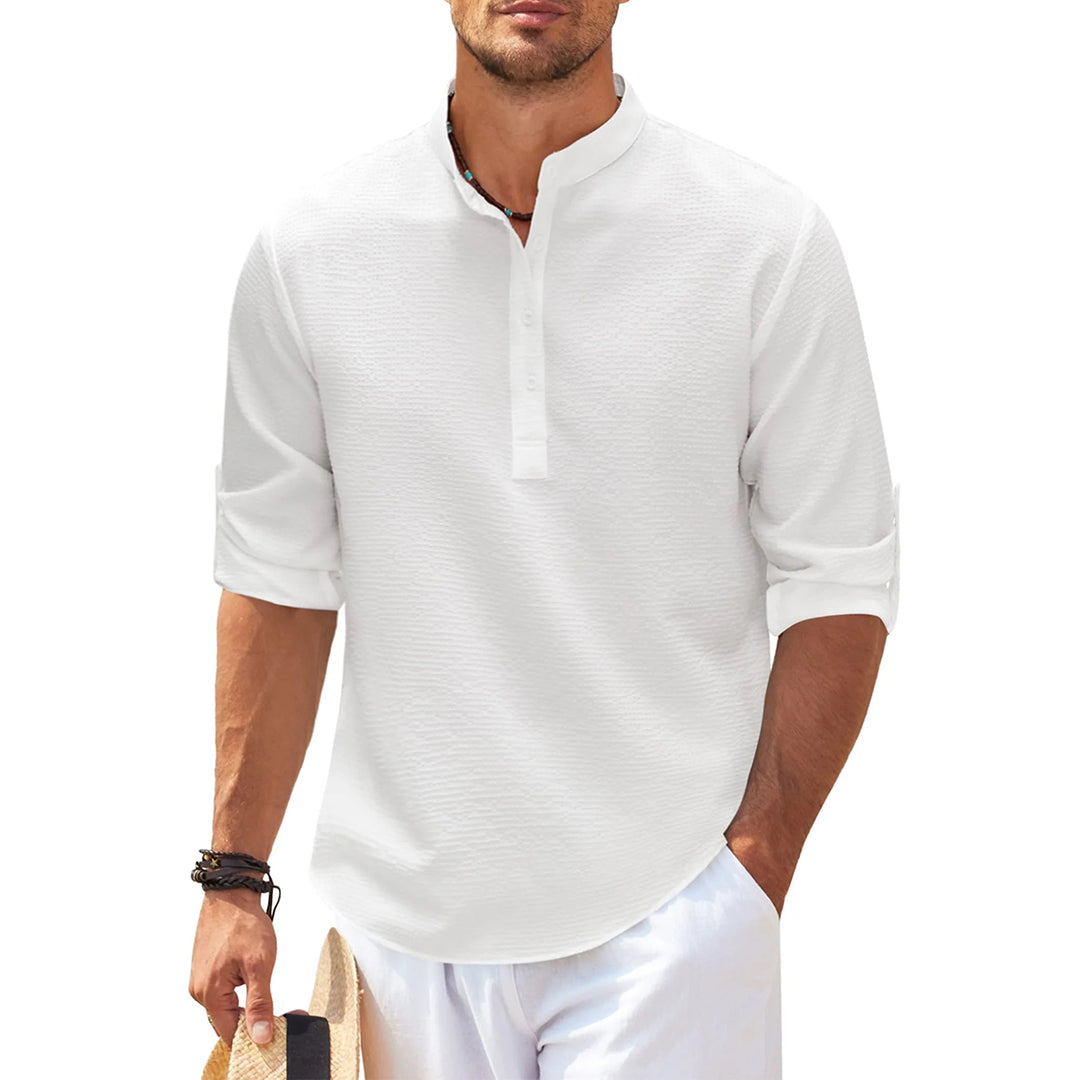 Sommerhemd - Leichtes Langarmhemd mit halber Knopfleiste für Männer-Weiß-S-Chaps Herrenmode