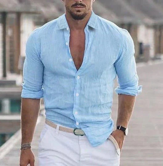Sommerhemd – geknöpft – Langarm – Leinenhemd – Herrenhemd-Blau-S-Chaps Herrenmode