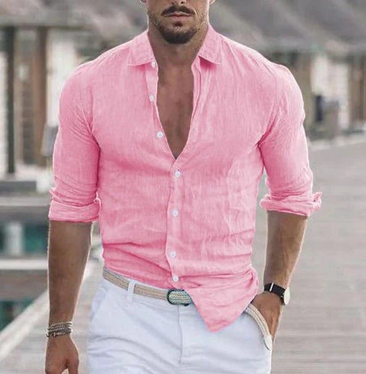 Sommerhemd – geknöpft – Langarm – Leinenhemd – Herrenhemd-Rosa-S-Chaps Herrenmode