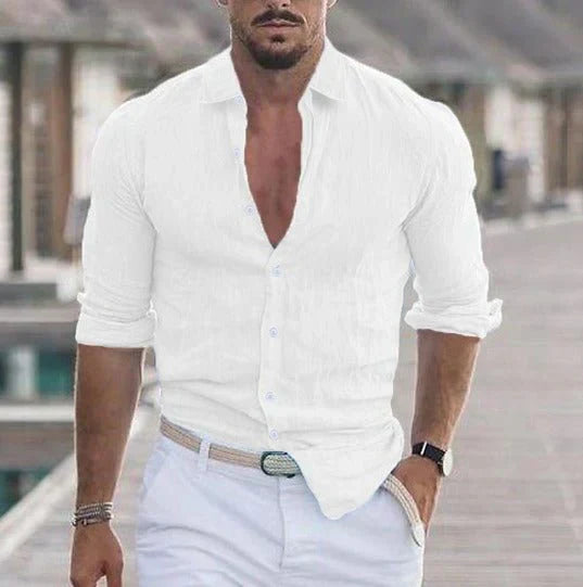 Sommerhemd – geknöpft – Langarm – Leinenhemd – Herrenhemd-Weiß-S-Chaps Herrenmode