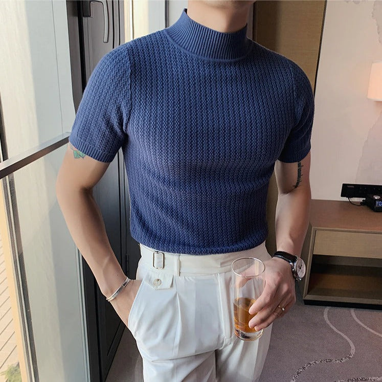 Strick-T-Shirt | Hoher Kragen | Kurzarm | Rollkragen-T-Shirt | Herrenbekleidung-Blau-M-Chaps Herrenmode