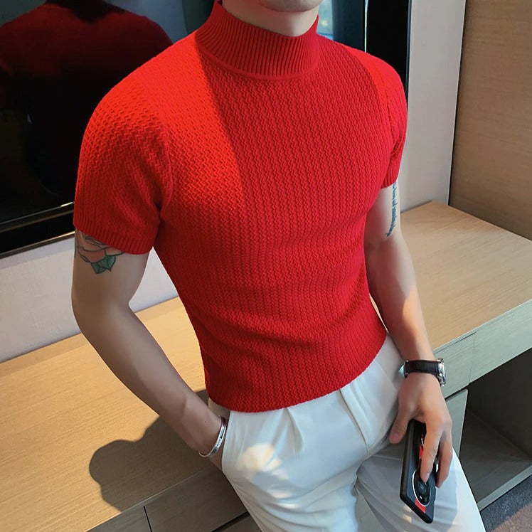 Strick-T-Shirt | Hoher Kragen | Kurzarm | Rollkragen-T-Shirt | Herrenbekleidung-Chaps Herrenmode