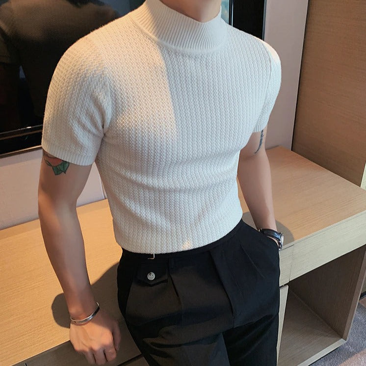 Strick-T-Shirt | Hoher Kragen | Kurzarm | Rollkragen-T-Shirt | Herrenbekleidung-Chaps Herrenmode